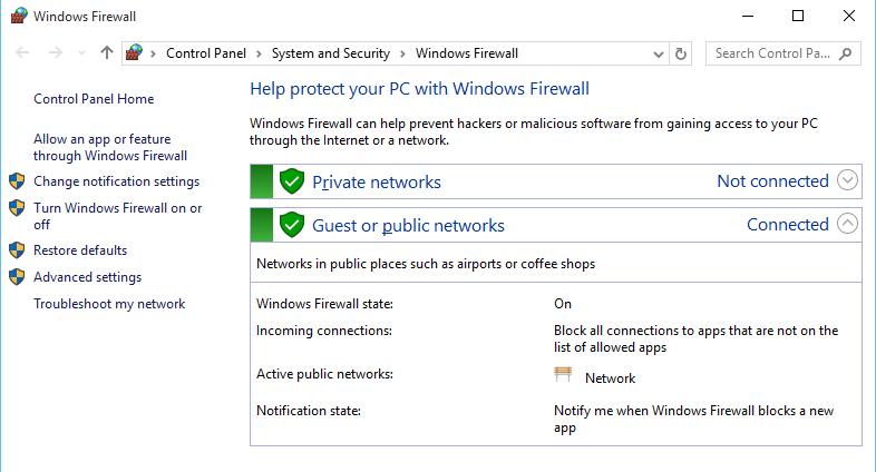 windows firewall settings