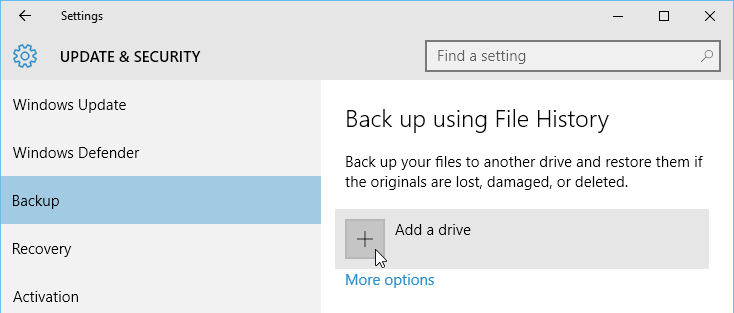 adding a drive to back up Windows files