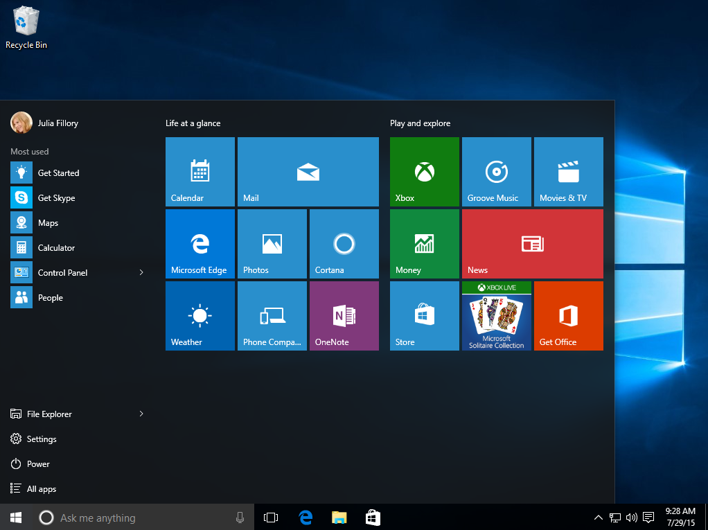 the Windows 10 Start menu