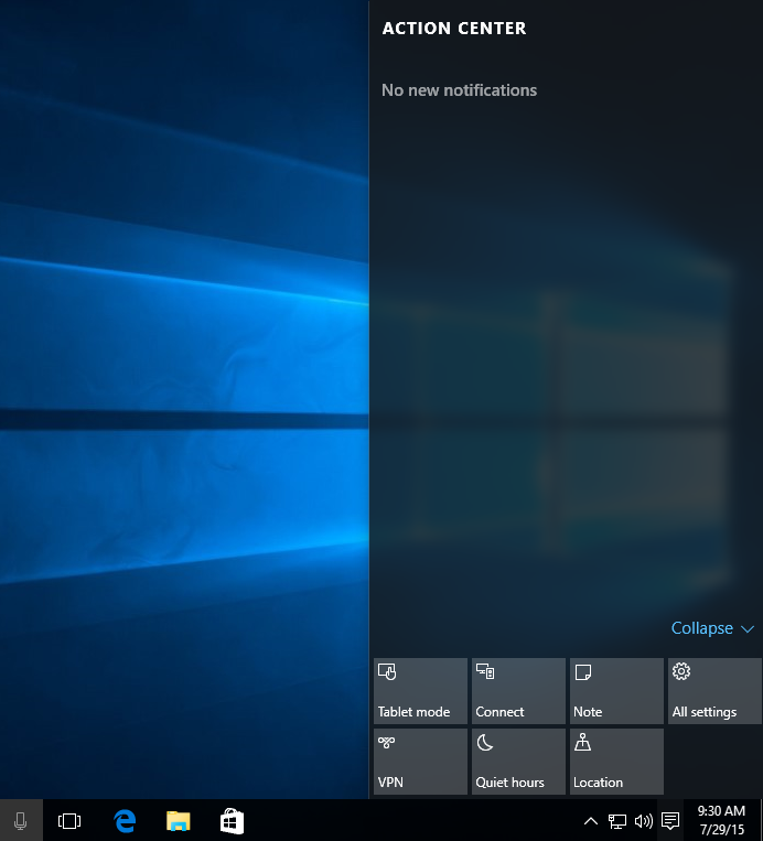 The Action Center in Windows 10