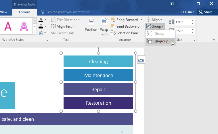 selecting the ungroup command