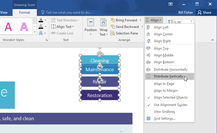 selecting the Distibute Vertically command