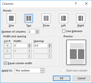 The Columns dialog box