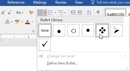 Selecting a style from the bullets menu